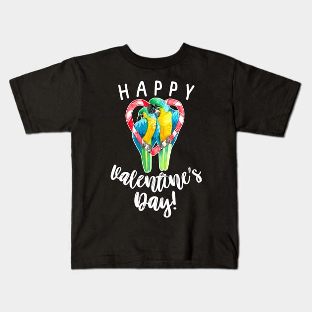 Happy Valentine's Day Blue and Gold Macaw Parrot Couple Kids T-Shirt by IvyLilyArt